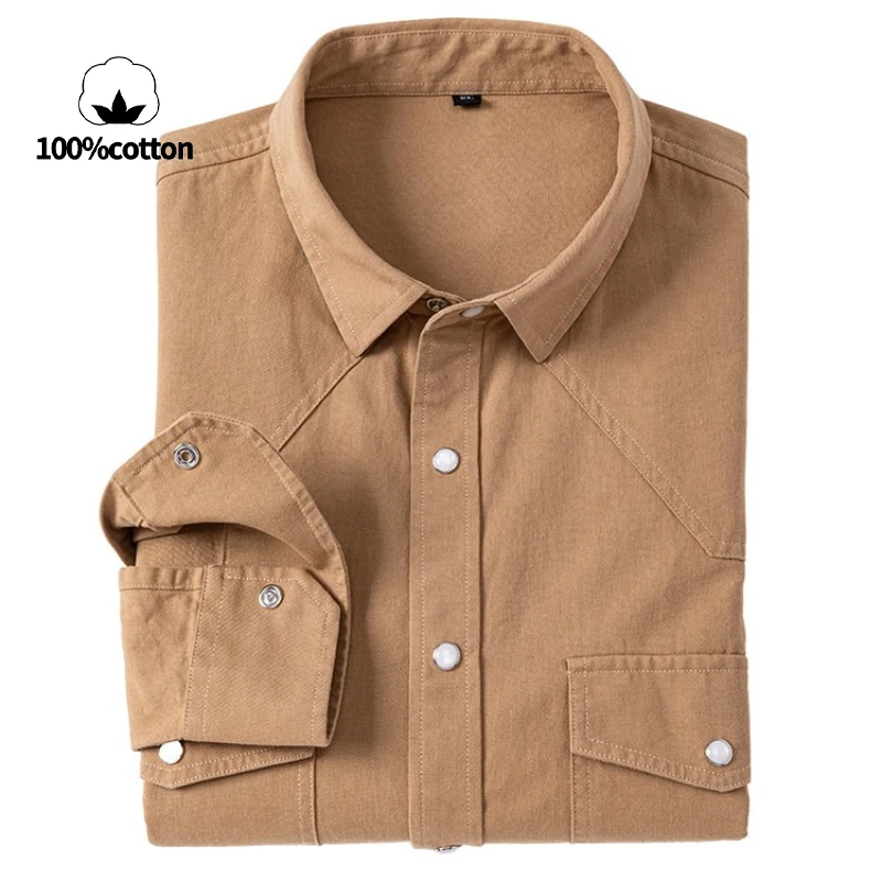 100% Cotton Workwear Shirt Jacket, Korean Snap Button Design, Enzyme Wash Vintage, Khaki Black Grey Beige S-4XL​