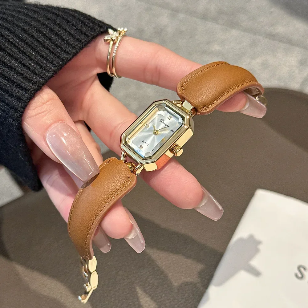 

Dimini модные простые женские часы с квадратным золотым корпусом, винтажные женские кварцевые наручные часы со стальным ремнем из материкового Китая