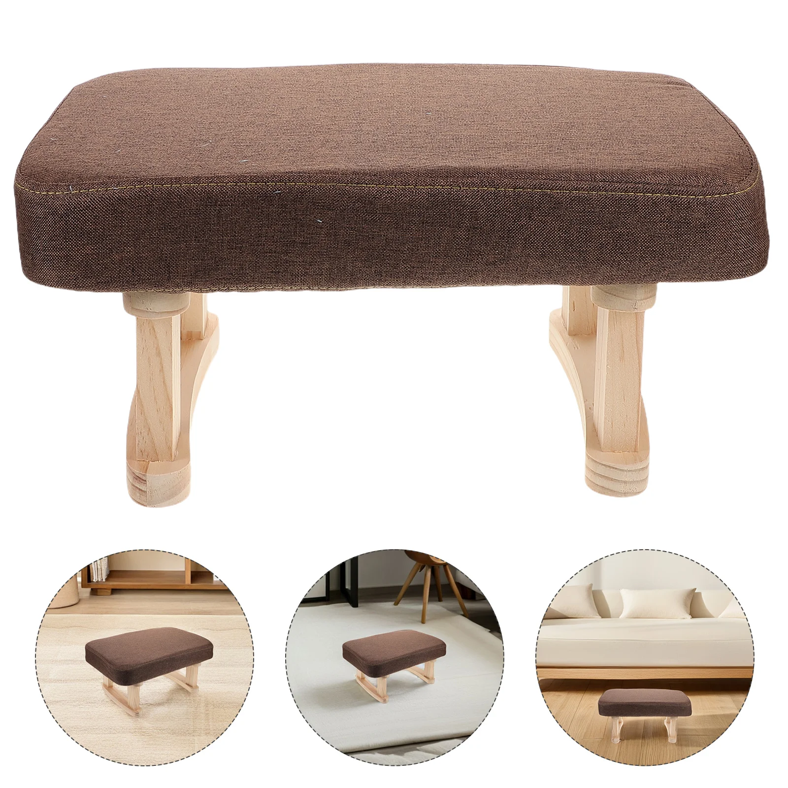 

Home Stool Low Stool Solid Wood Legs Coffee Linen Fabric Padded Seat Vintage Footrest Bench Small Bedroom Living Room