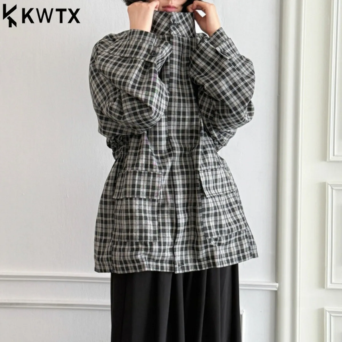 

KWTX Women’s Premium Plaid Trench Coat Spring Summer 2025 Lightweight Elegant Chic Slim Fit Drawstring Waist Stand Collar