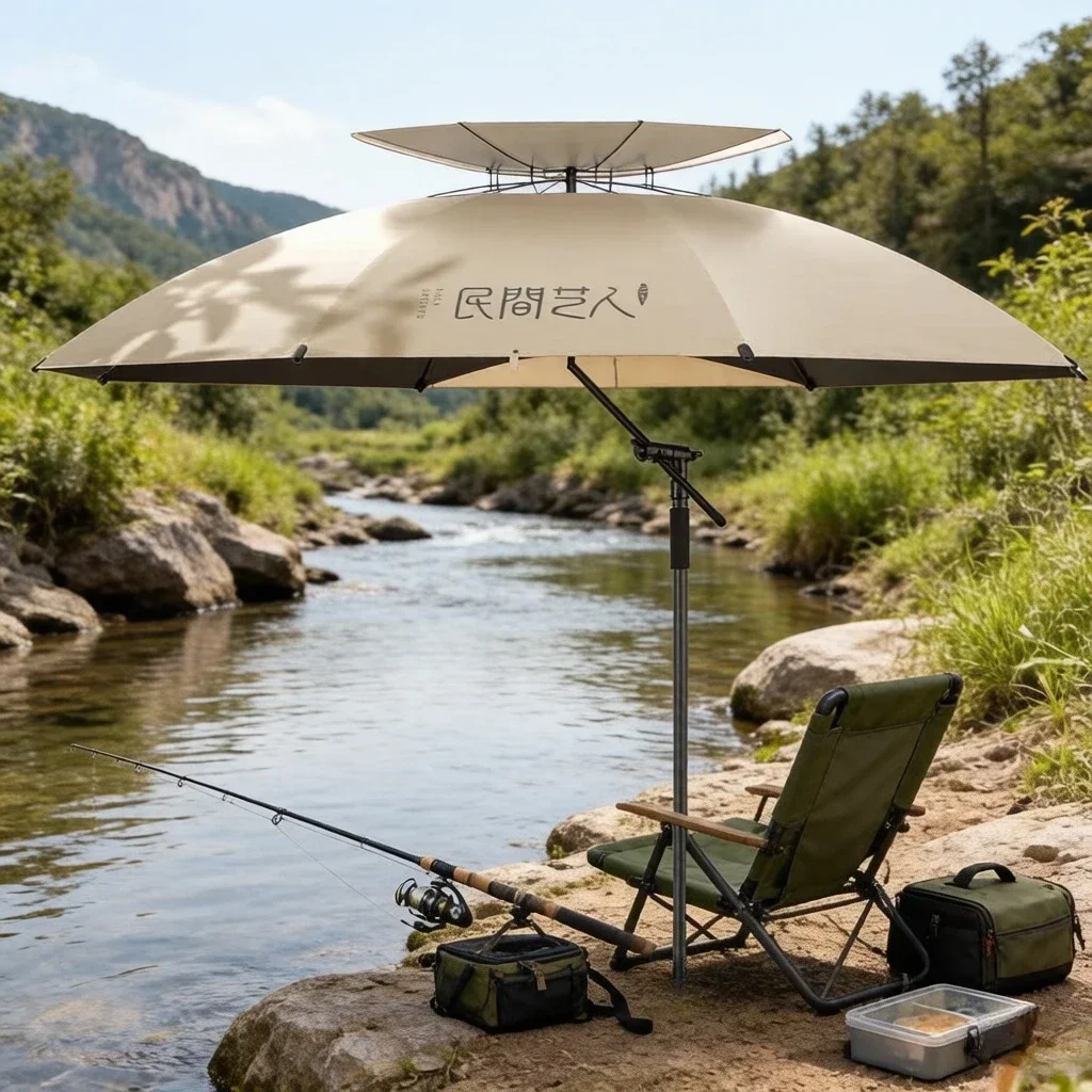 Unisex 2026 New 2.4m Cane Fishing Umbrella, Ground Spike Dual-Bend Sun Rain Shade, UV Protection Waterproof Heat Shield