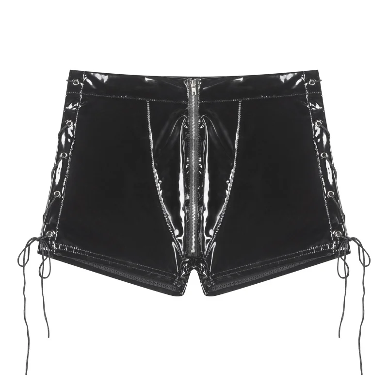 Cross-Border Products MenPVCGlossy Leather Boxer Shorts Sexy Zipper Crotchless Leather Shorts Accurate Size