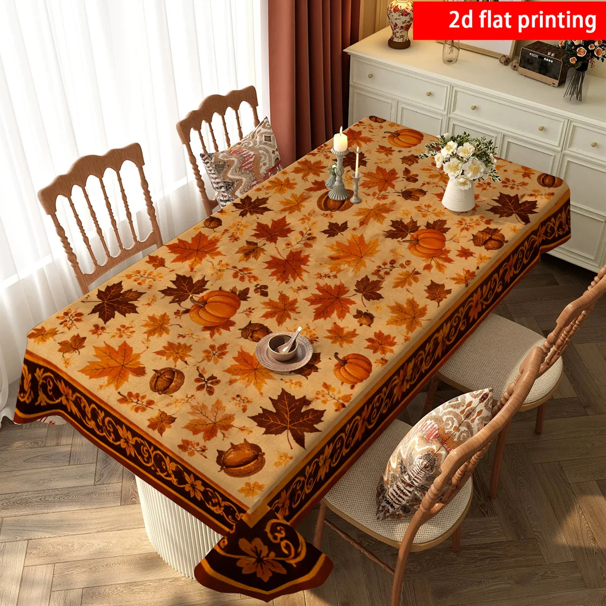 Pumpkin, maple leaf, acorn vintage lace autumn retro tablecloth, Thanksgiving American harvest tablecloth