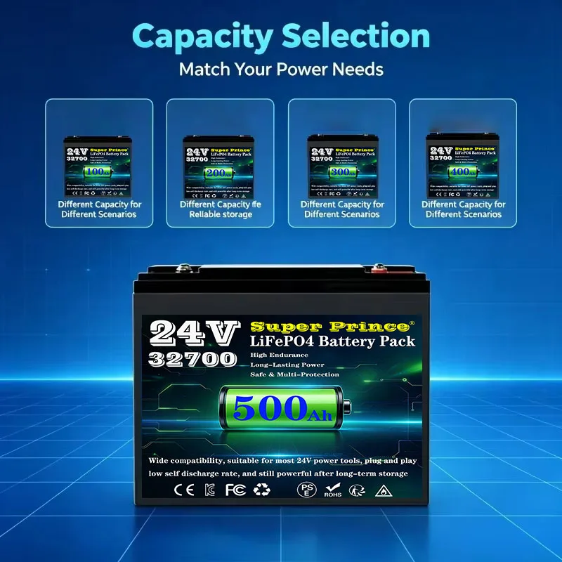 Super Prince 24V 300Ah-500Ah LiFePO4 Battery Pack  8S2P Deep Cycle for RV Solar Golf Cart Fish Finder Power Supply