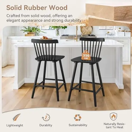 Upgraded Windsor Wooden Black Bar Stools Set of 4, 24 Inch Counter Height Barstools with Spindle Back/Bigger Seat for - view 4