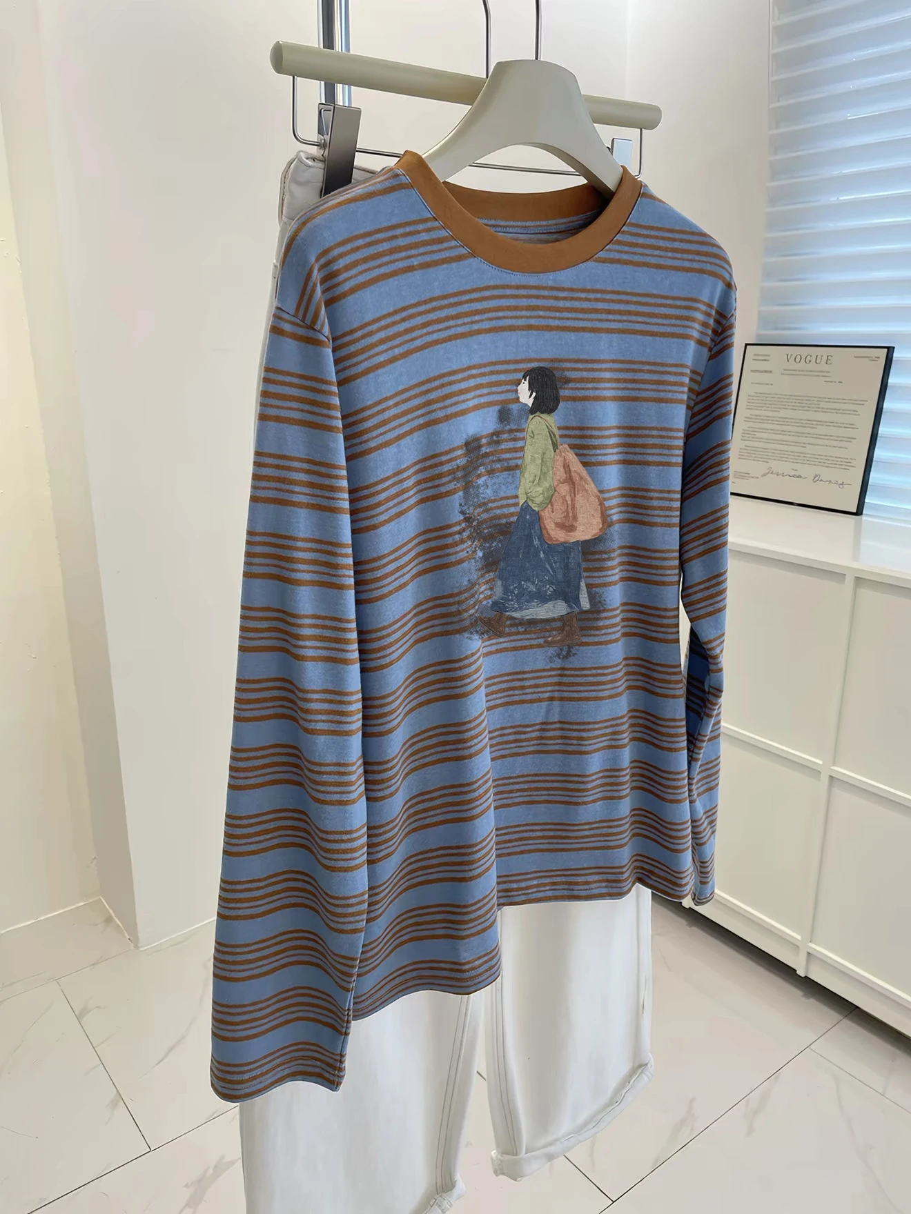 Loose Fit Women's Long Sleeve round Neck T-Shirt Casual Basic Top White Enhancing Autumn Korean Style Creative Pattern