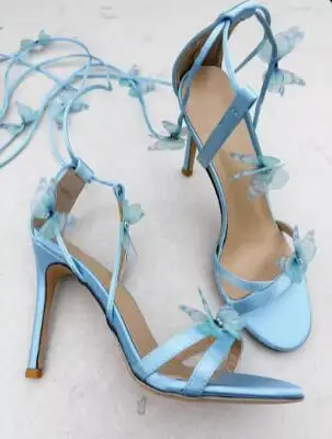 Lawendowy Niebieski Srebrny Jedwabny Motyl Dekoracja Sandały na wysokim obcasie Kobiety Lato Otwarty palec 8 CM Szpilka Bankiet Sukienka Buty