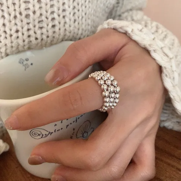 S925 Sterling Silver Real Fashion Gradual Change Round Bead Handmade Ring Korean Style INS Style Blogger Jewelry Wholesale