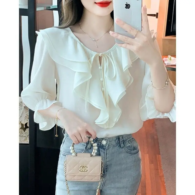 Seven Quarter Sleeve Ruffled Chiffon Shirt for Women New V-neck Style Stylish Design and Western Style Small Shirt for Women