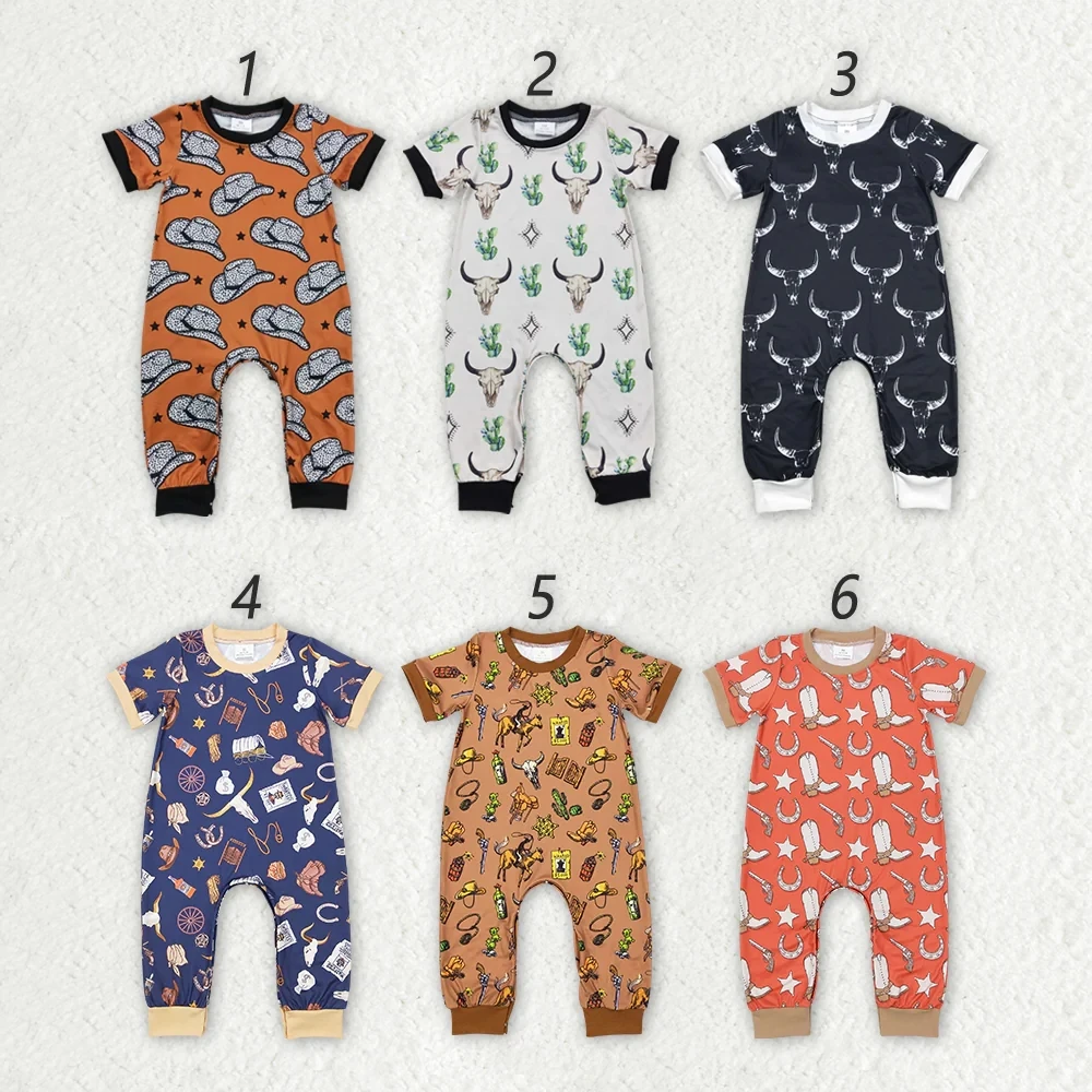 Wholesale western boutique onesies newborn toddler Sibling Baby Girls Boys Western Cow Short Sleeve Rompers