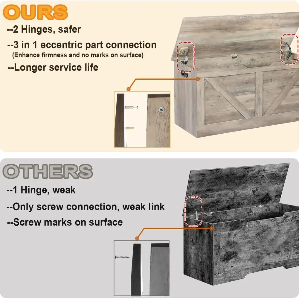 Großer Aufbewahrungsbehälter aus Holz mit 2 Sicherheitsscharnieren, graue Schuhbank im Eingangsbereich für Wohnzimmer und Schlafzimmer