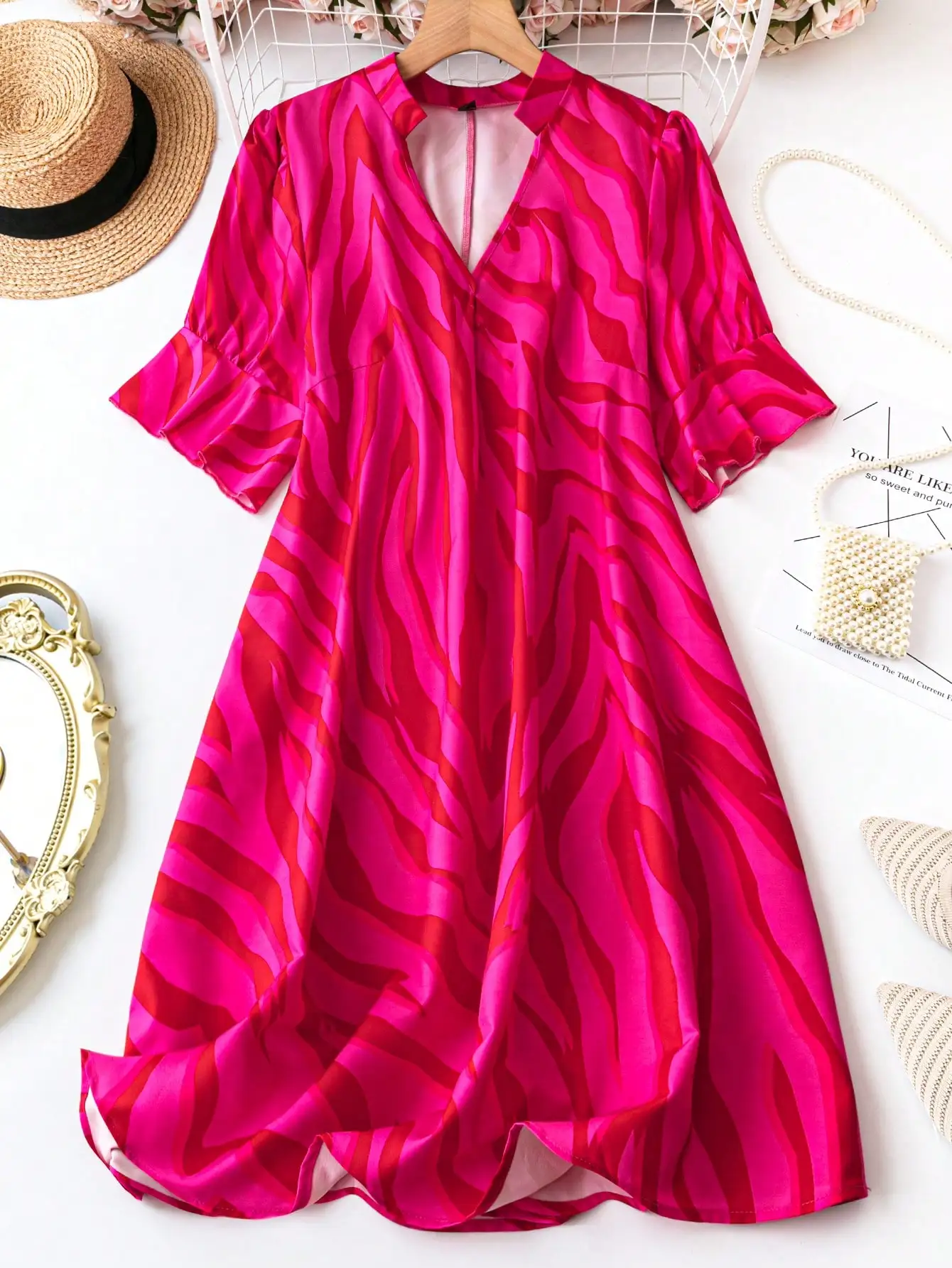 Damen Festtagskleidung Rosa Zebramuster V-Ausschnitt Mini/Midi-Kleid Kurzarm Swing-Kleid Auch in Übergrößen Erhältlich