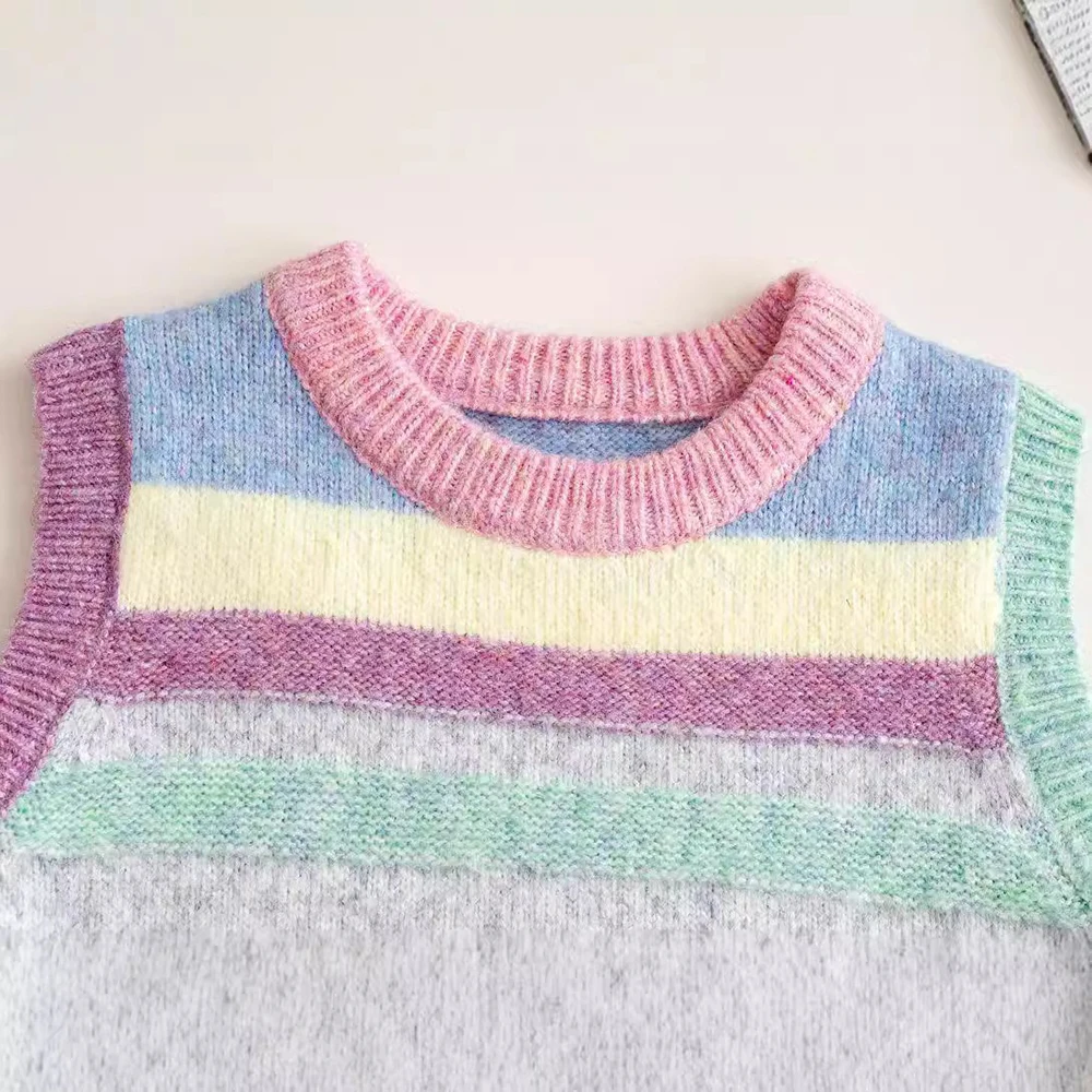 Cute Knitted Vest for Kids Baby Girls Spring Autumn Colorful Striped Sleeveless Pullover Sweaters Top Children Clothes Waistcoat