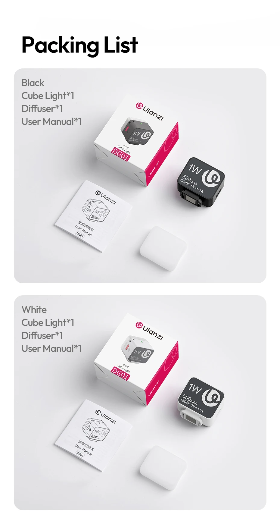 Ulanzi DG01 Cube Light Mini-Fotografie-Licht für Action-Kameras, Stative, Selfie, Live-Streaming, Vlog, Produktaufnahmen, Videoanruf – Detail 15