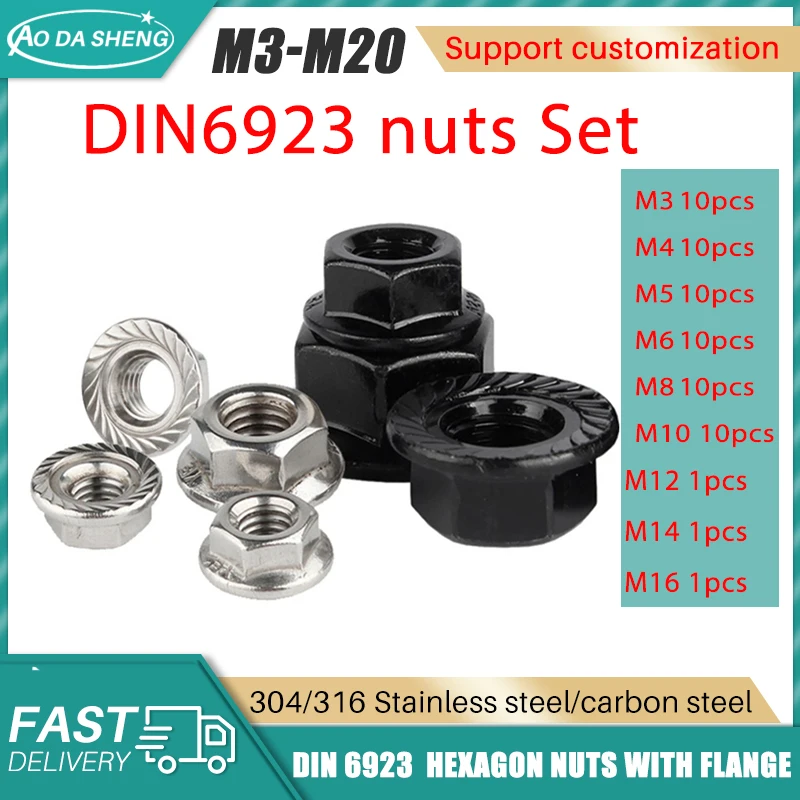 AODASHENG 63PCS Hexagon Flange M3 M4 M5 M6 M8 M10 M12 M14 M16 304/316 Stainless Steel/Carbon Steel Automatic Locking Nut DIN6923