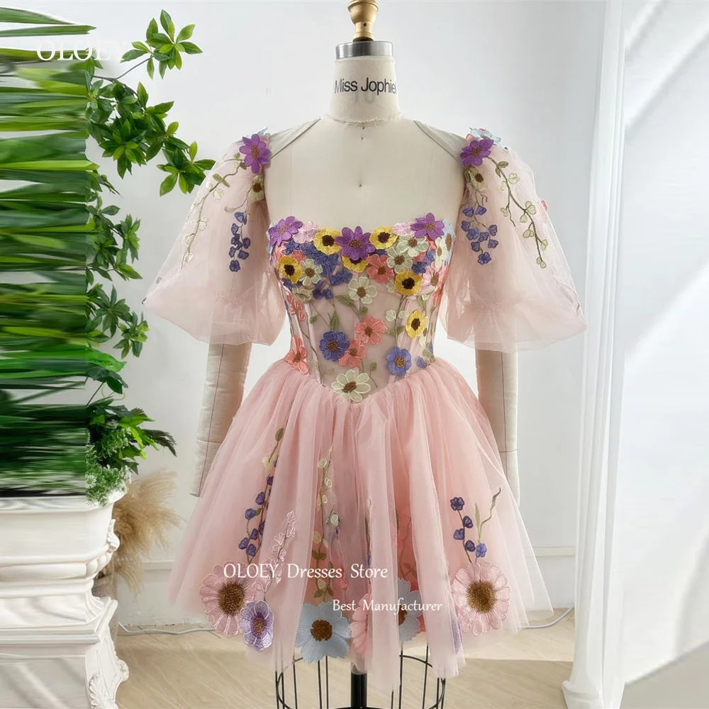 

OLOEY Sweet Pink 3D Flowers Mini Short Prom Party Dresses Puff Sleeves 3D Flowers Tulle Cocktail Dress Homecoming Event Gowns