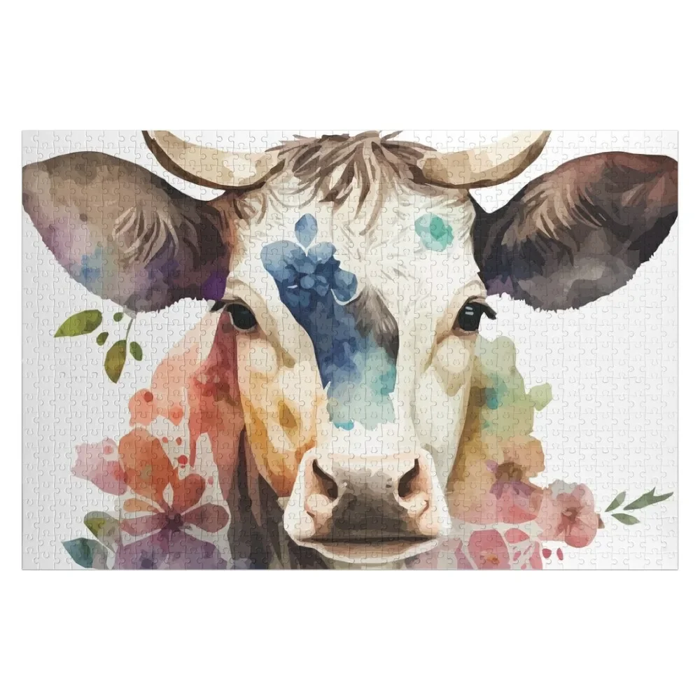 A Floral Bohemian Cow Watercolor - Boho Animals Jigsaw Puzzle Personalized Toy Works Of Art Personalised Toys Custom Gift Puzzle