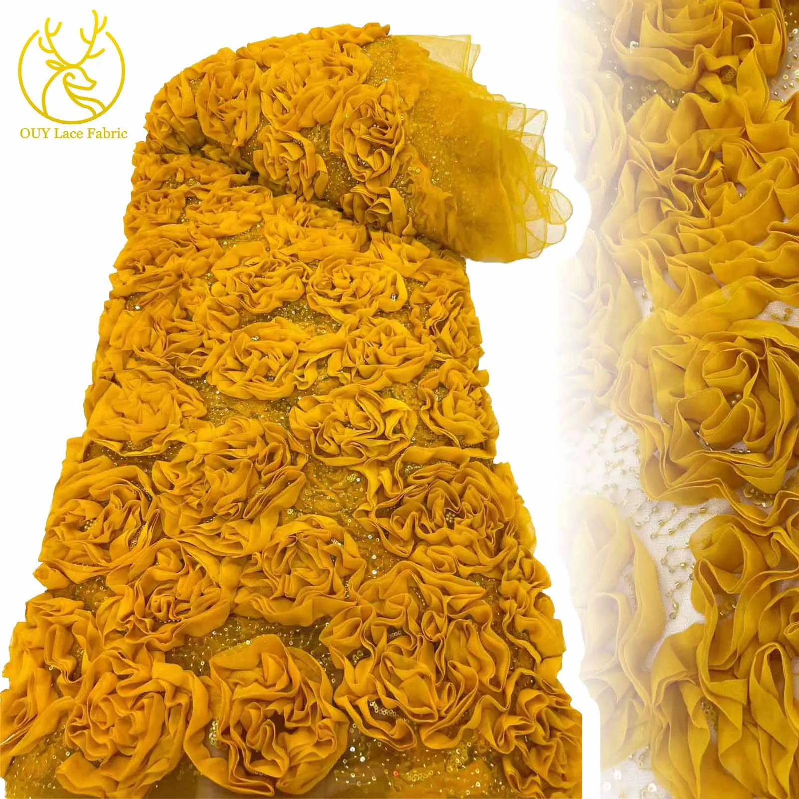 

2025 Luxury African 3D Flower Sequin Lace Fabric French Nigerian Beaded Lace Fabric for Party Wedding Wedding Dress 5 Yards