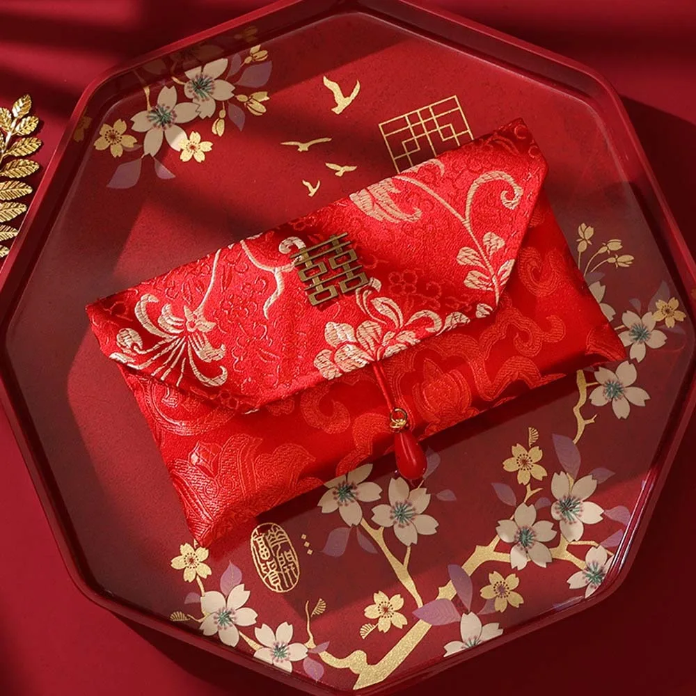New Year Blessing Words Brocade Red Envelope Spring Festival Brocade Cloth Tassel 2025 Money Pocket Best Wishes HongBao