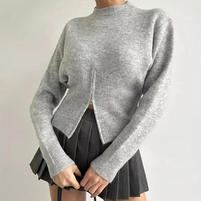 

Women's Knitted Sweater Zipper Pullover Short Top Stand Up Collar Japanese Style Harajuku Chic Grey Versatile Winter Fashion
