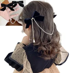 Super Fairy Black Velvet Bowknot Hairpins Tassel Pearls Side Clips For Women New Korean Chic Hair Clips Barrettes Hairgrips