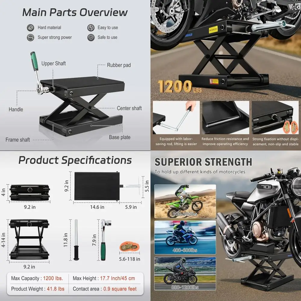 

1200 lbs Capacity Steel Scissor Jack with 4-14.17 Height Range for Motorcycles, ATVs, and Motobikes - Black