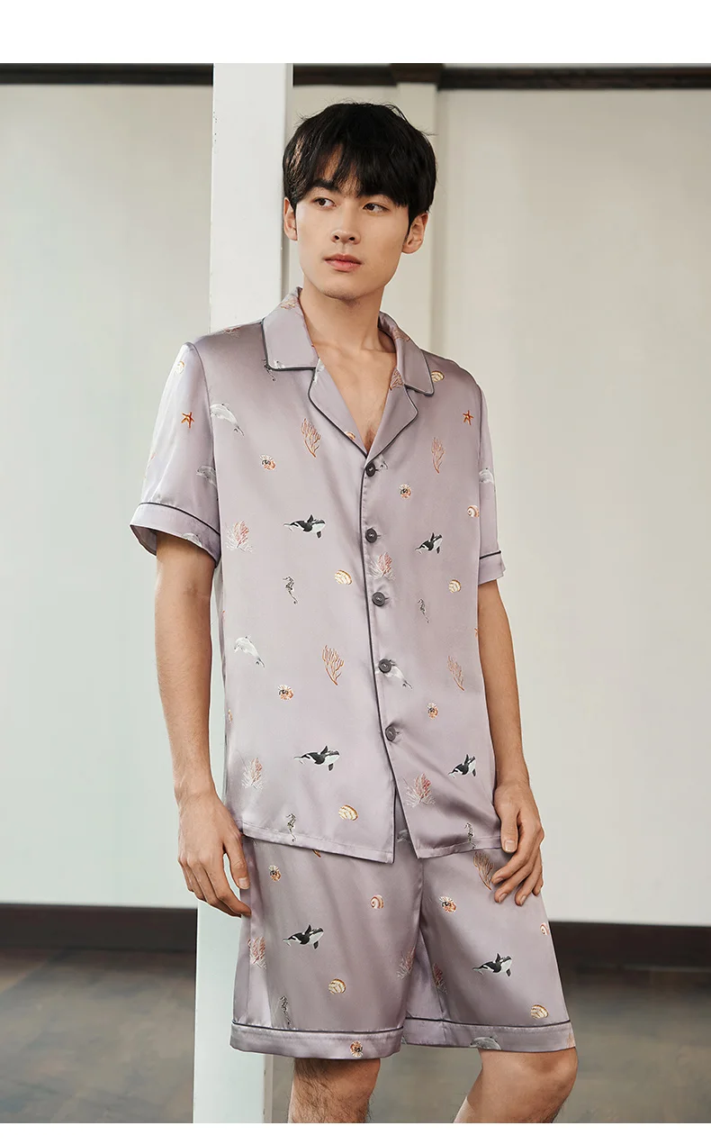 BirdTree, 100%Mulberry Silk Pajamas Set, Men Short Sleeve Shorts, Printed Vacation Loose Casual Homewear, 2024 Summer S439109QC