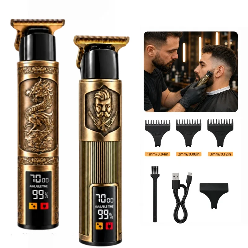 Men's Retro Engraved Electric Hair Clipper, Dragon Pattern Body Design, T-Shaped Wide Blade, USB Charging, Digital Power Display, Multifunctional Hair Clipper for Hair Cutting, Shaving, and Trimming.