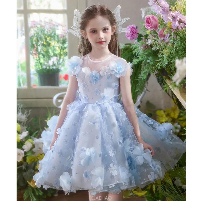 

Party Dress Blue Girls Piano Recital Princess Birthday Party Gown Wedding Host Pageant Outfit Flower Girl Formal Performance