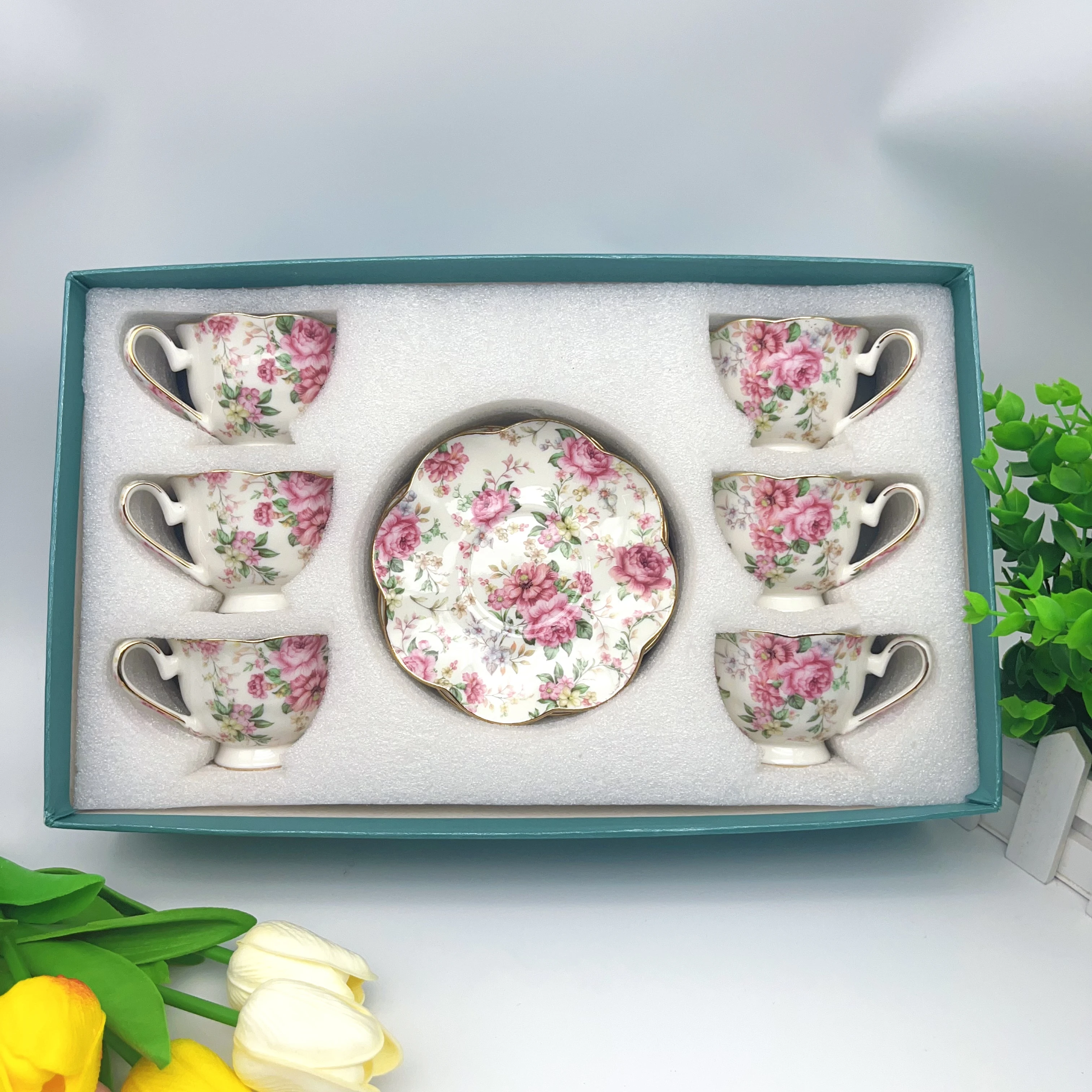 Pink Floral Espresso Cup and Saucer Set with Lace Rim, Italian & English Style, 90ml, 6 Sets with Gift Box