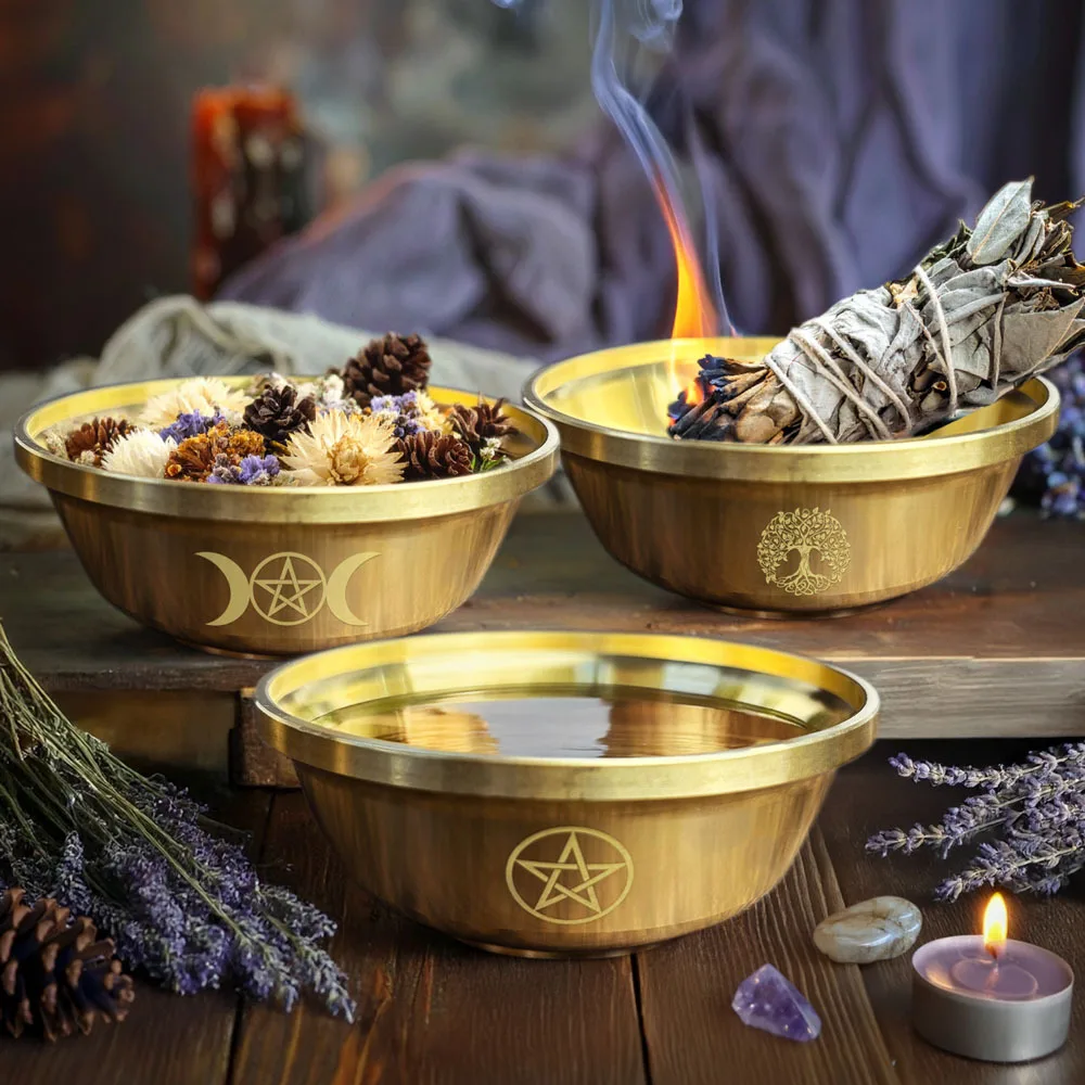 Brass Wiccan Altar Bowl, Multi-Purpose Ritual Bowl for Sage Burning Incense Crystals, Engraved Pagan Spiritual Home Decor Gifts