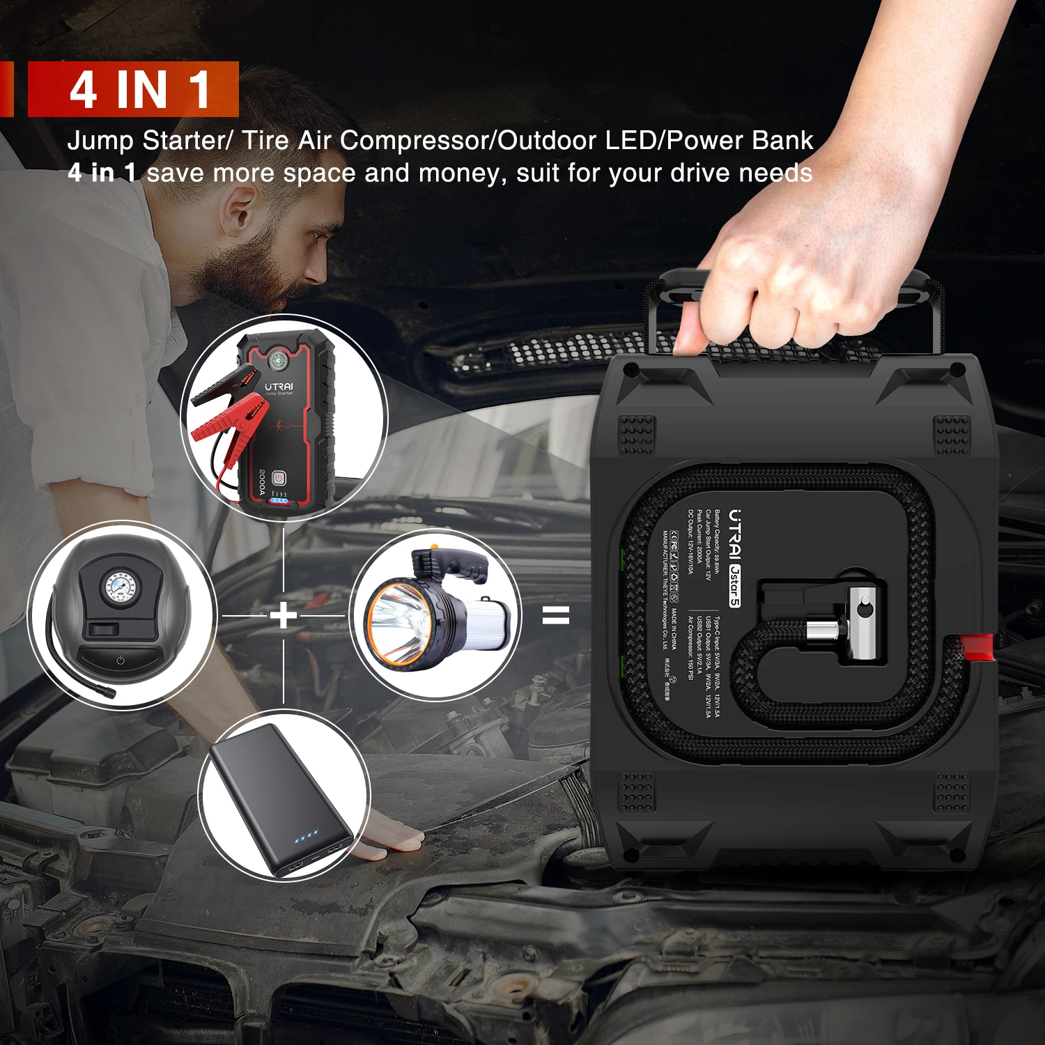 Utrai Portable Jump Starter with Air Compressor 2000A Power Bank Tire Inflator Pump 12V Starting Device Car Booster ODM