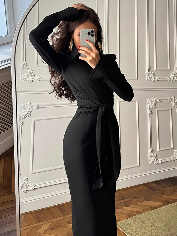 

2025 Female Autumn Sexy Deep V Neck Long Sleeve Maxi Dresses Party Slim Commute Long Dress Lace Up Elegant Evening Dress