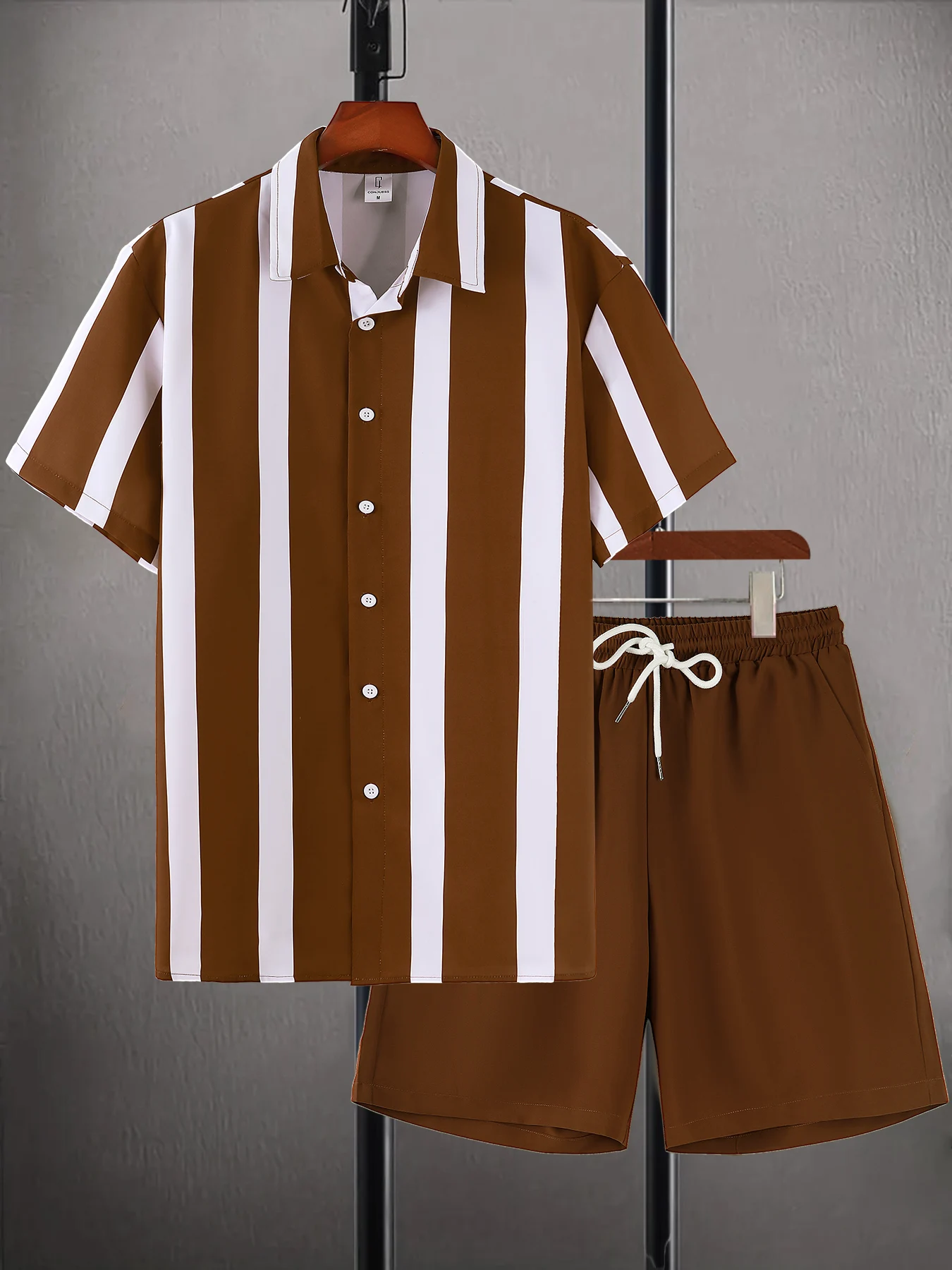 Conjunto casual de 2 piezas para hombre, camisa de manga corta con botones y pantalones cortos con cordón, conjunto con estampado de rayas de verano