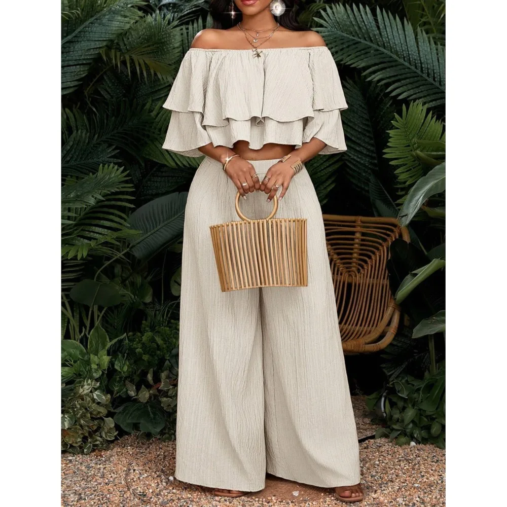 Summer New One Shoulder Frill Sleeve Short Blouse High-Waisted Wide Leg Pants 2Piece Set Women Sexy Wear Wide Leg Long Pants Set
