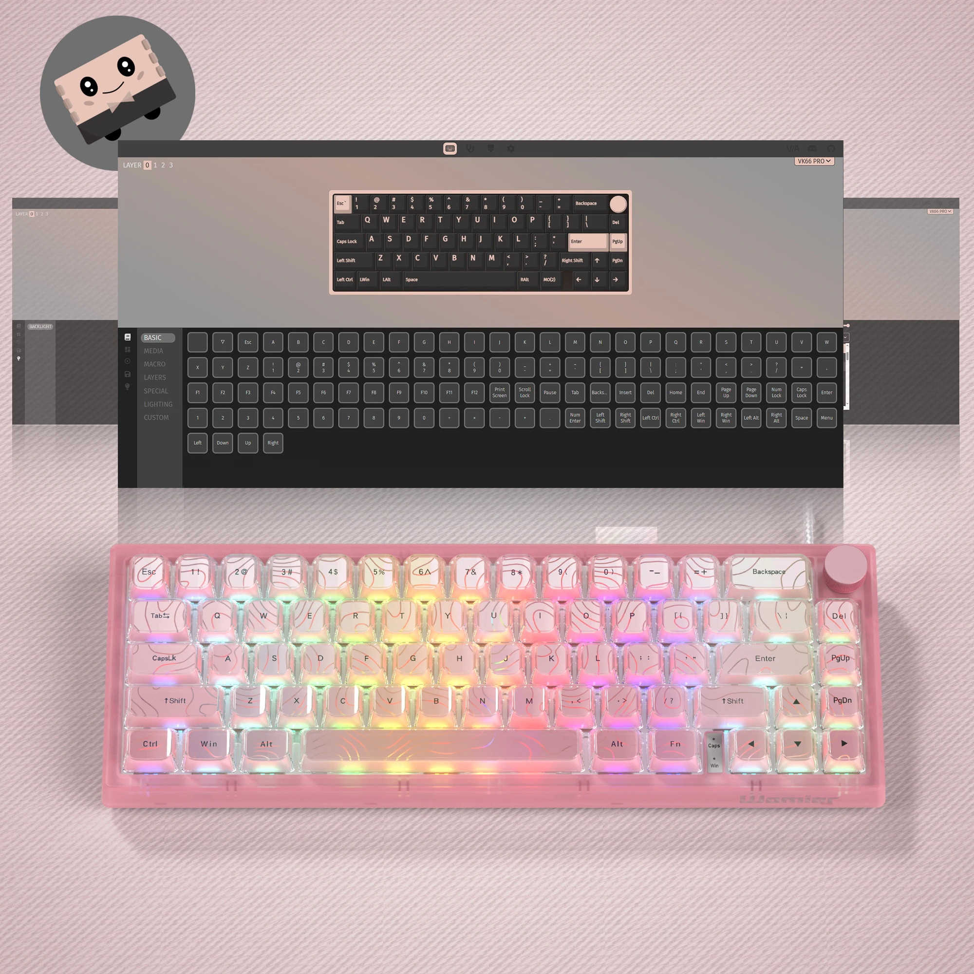 Womier V-K66 PRO Teclado Rosa QMK Mecânico Teclado para jogos Botão Alça Junta montada com fio LED retroiluminado Teclado Hot-Swap