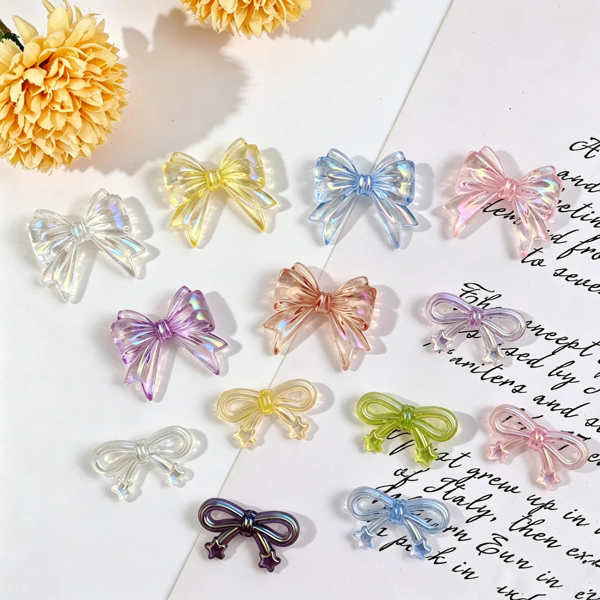 50PCS Colored Ice Transparent Butterfly Bow Resin Flower Transparent Vertical Hole Acrylic DIY Mobile Chain Jewelry Material