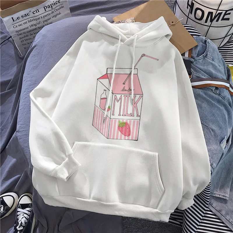 Strawberry Juice Cute Cartoon Graphic Print Hooded Men Women Aesthetic Trendy Hoodies Unisex Four Seasons Sweatshirt Pullover