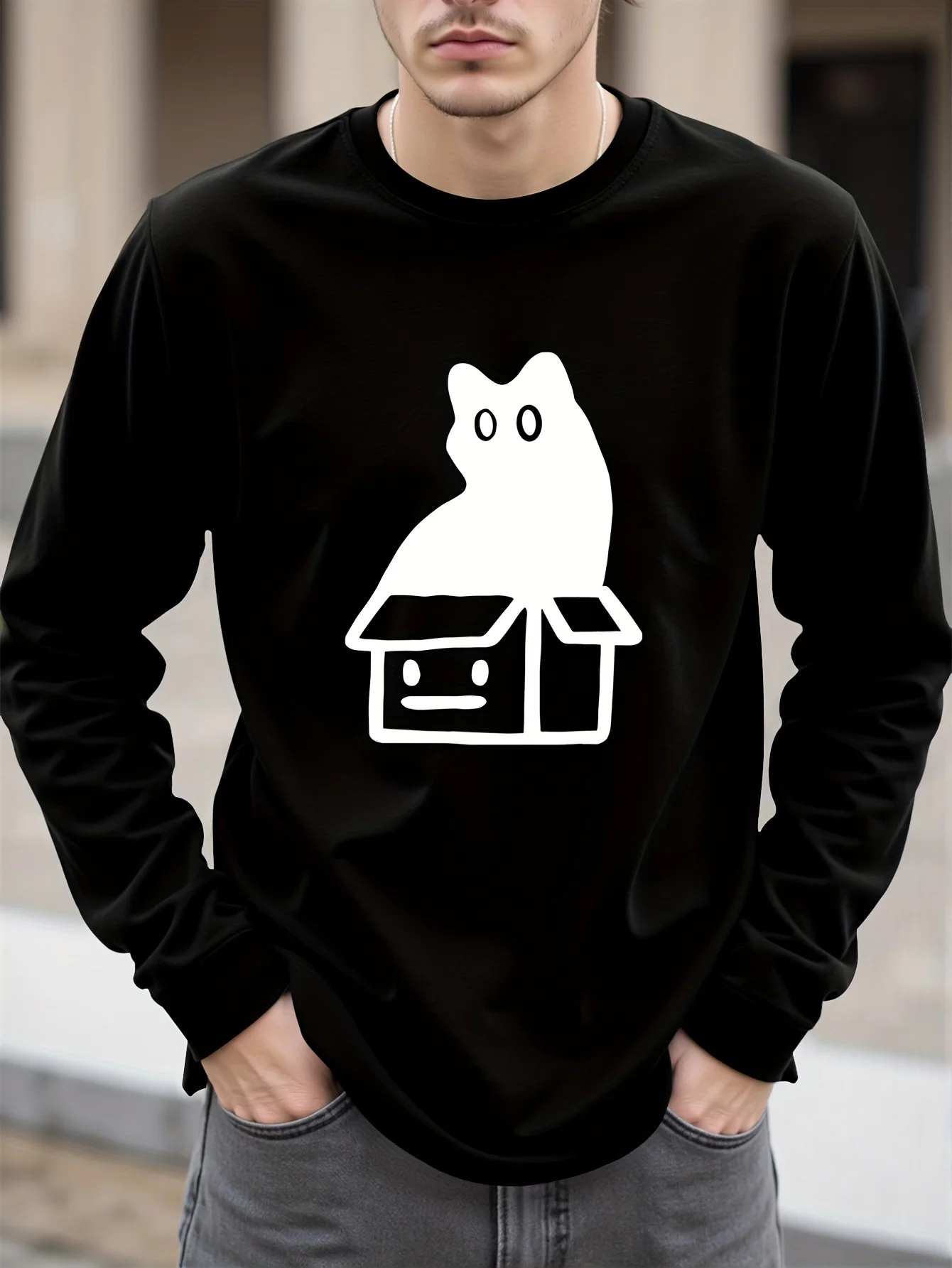 Men's Black Long Sleeve Crew Neck Cotton T - Shirt, Cute Cat on Box Graphic Print, Casual Soft Sweatshirt, Outdoor Comfortable Top with Pockets for Daily Wear