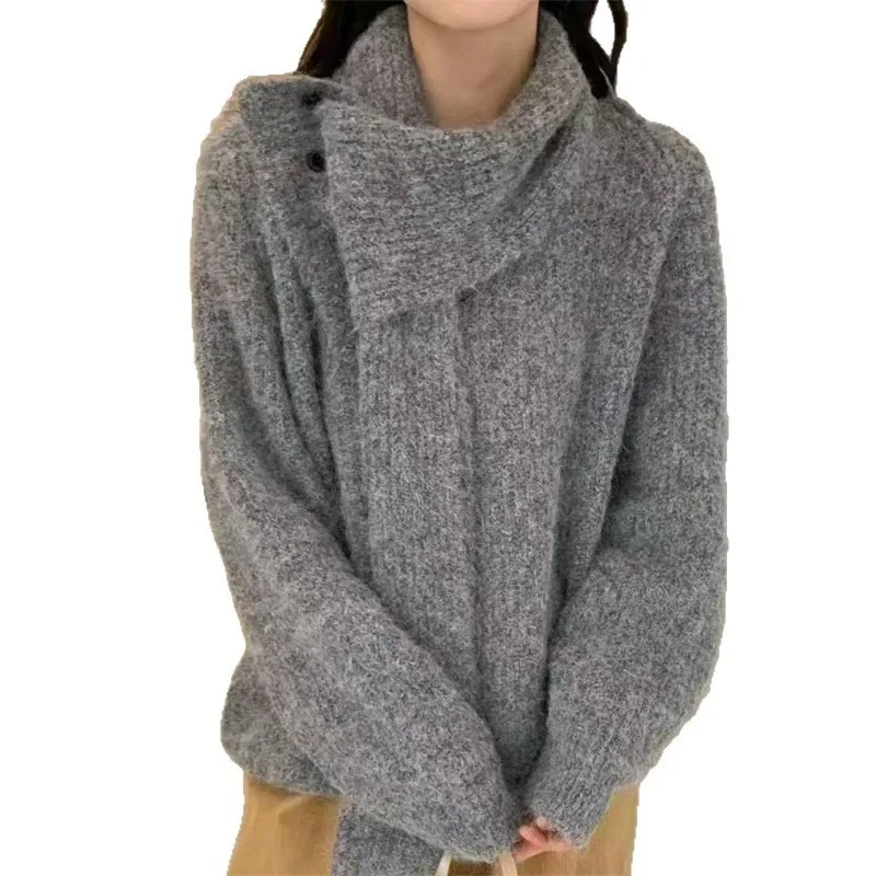 Koreaanse Fashion Design Sjaal Kraag Trui Dames Herfst Winter Nieuwe Gebreide Trui Jas Dames Losse Luie Stijl Zacht Wasachtig