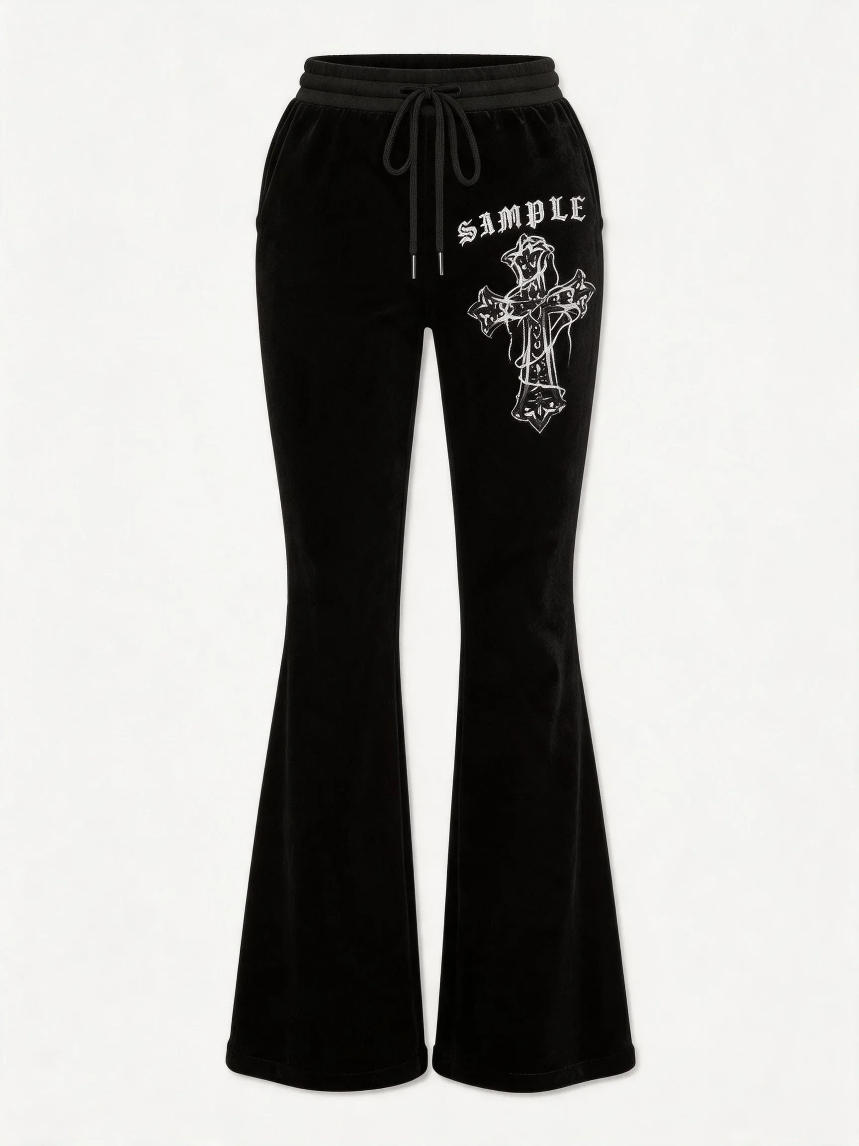 Y2K Gothic Style Black Velvet Flared Pants High-Waisted Drawstring Flared Pants American Street Casual Trousers