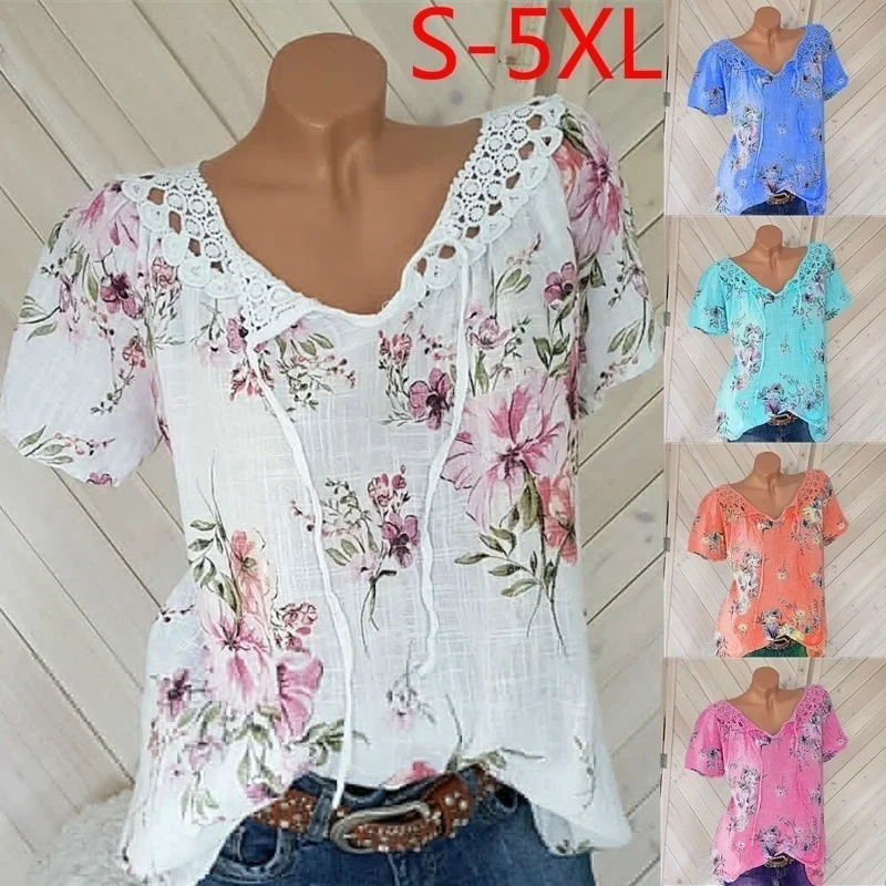 Women Summer Fashion Trendy Short Sleeve Lace Up Floral Print Blouses Tops  T-Shirts Casual Summer Lace Stitching Shirts