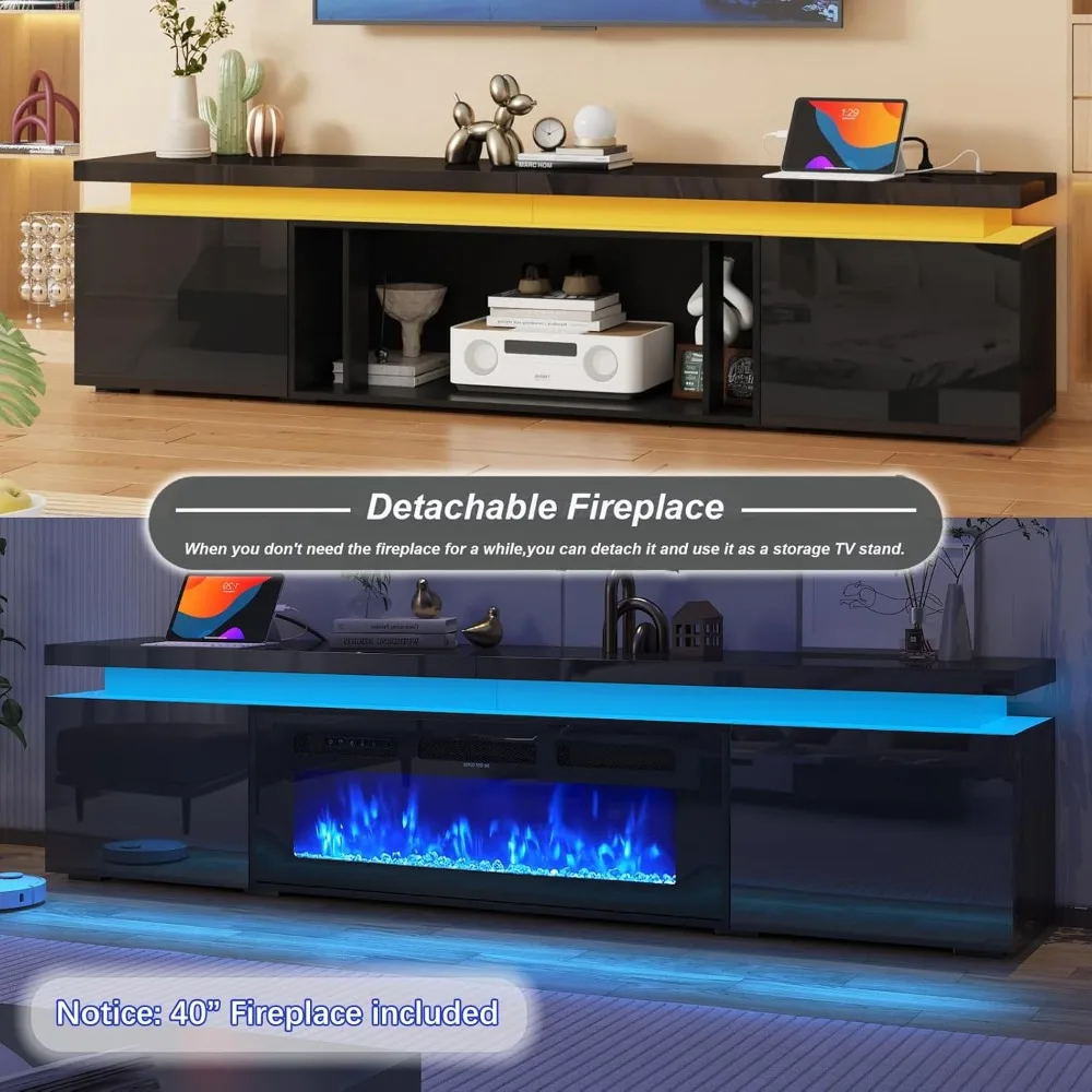 Soporte para TV con chimenea para 95 TV, soporte para TV de 83 LED con 40 chimenea eléctrica y toma de corriente, superficie de alto brillo, 2 gabinetes de almacenamiento,