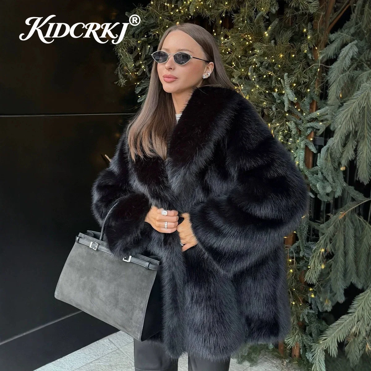 KIDCRKJ Winter Black Faux Fur Coat for Women Winter Plush Coats Jackets Streetwear Outerwears Long Sleeve Warm Womens Coats