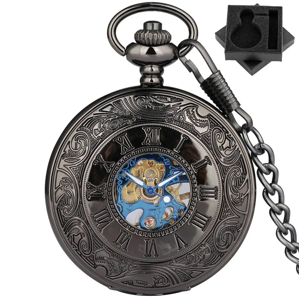 

Ретро синие/золотые римские цифры циферблат ручные механические карманные часы черный брелок на цепочке классические винтажные механические часы с ручным заводом