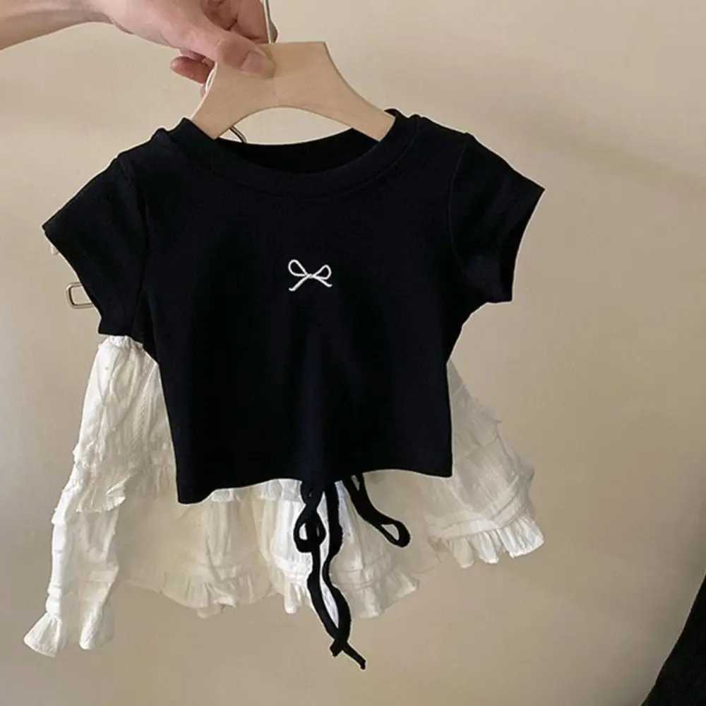 

Simple Lace Up Teens Bow T-shirts Korean Style Short Sleeve Slim Crop Top Summer Sweet Girl's Top Children