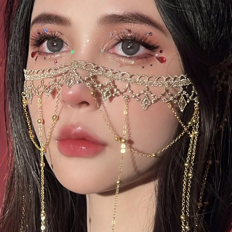 

Women Multi Layered Tassel Veil Masquerade Masks Festival Rave Sequins Face Chain Veil Retro Dance Costume Cosplay Prom Jewelry