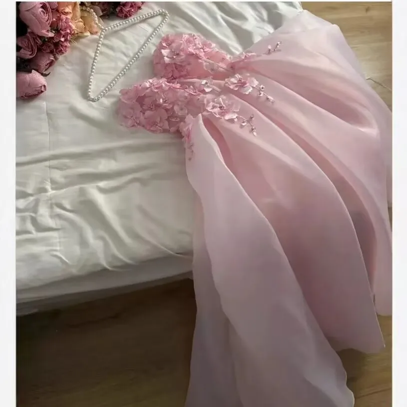 Pink Blue Appliques Flowers Organza Prom Dress 2024 Strapless Ankle-Lenght Party Gown for Women Quinceanera Dress Customized