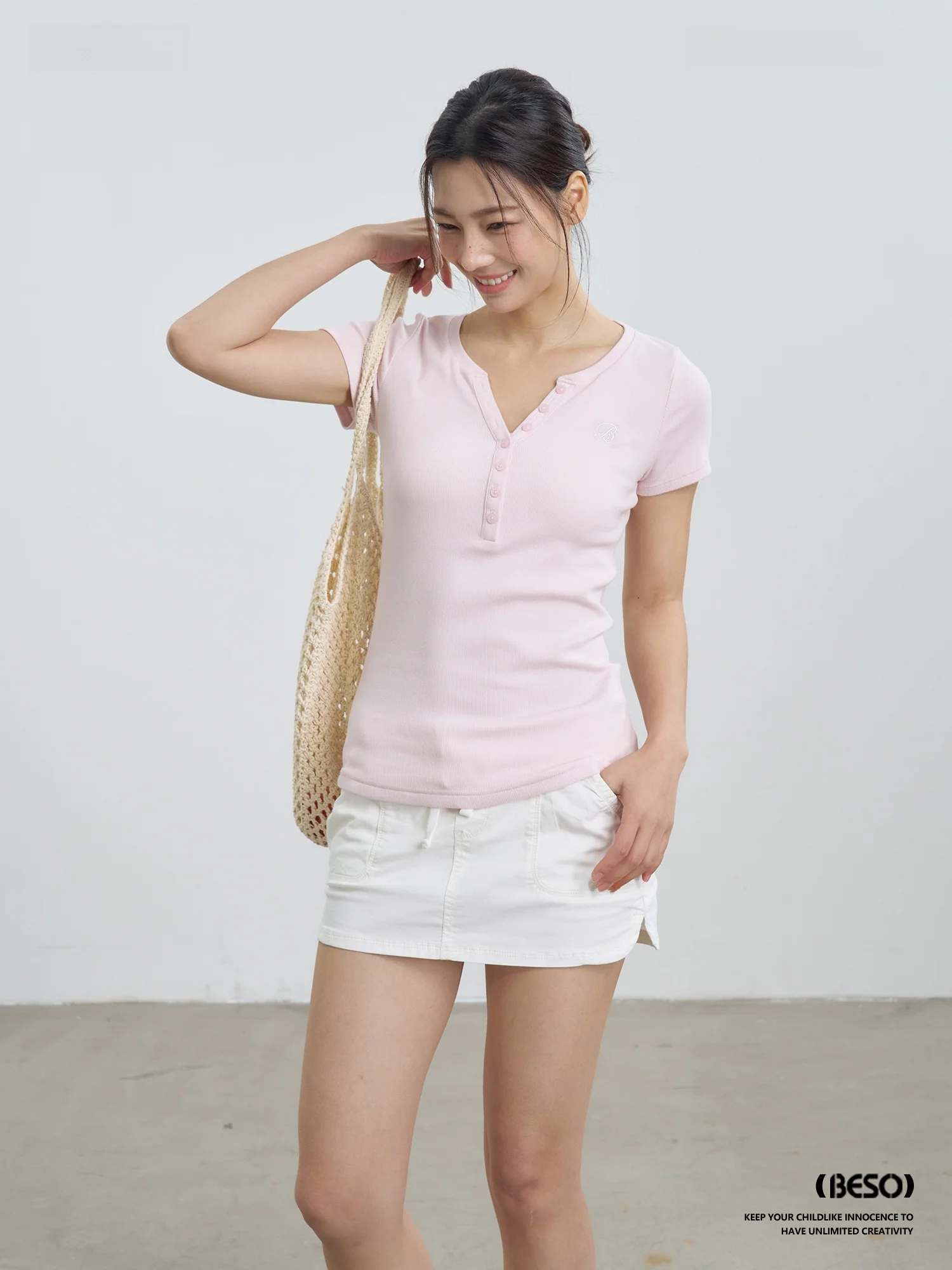 

BESOBER Original Ultra-Pale Pink V-Neck Short-Sleeve Cotton T-Shirt Slim-Fit Elastic Casual Wear for Women in Summer