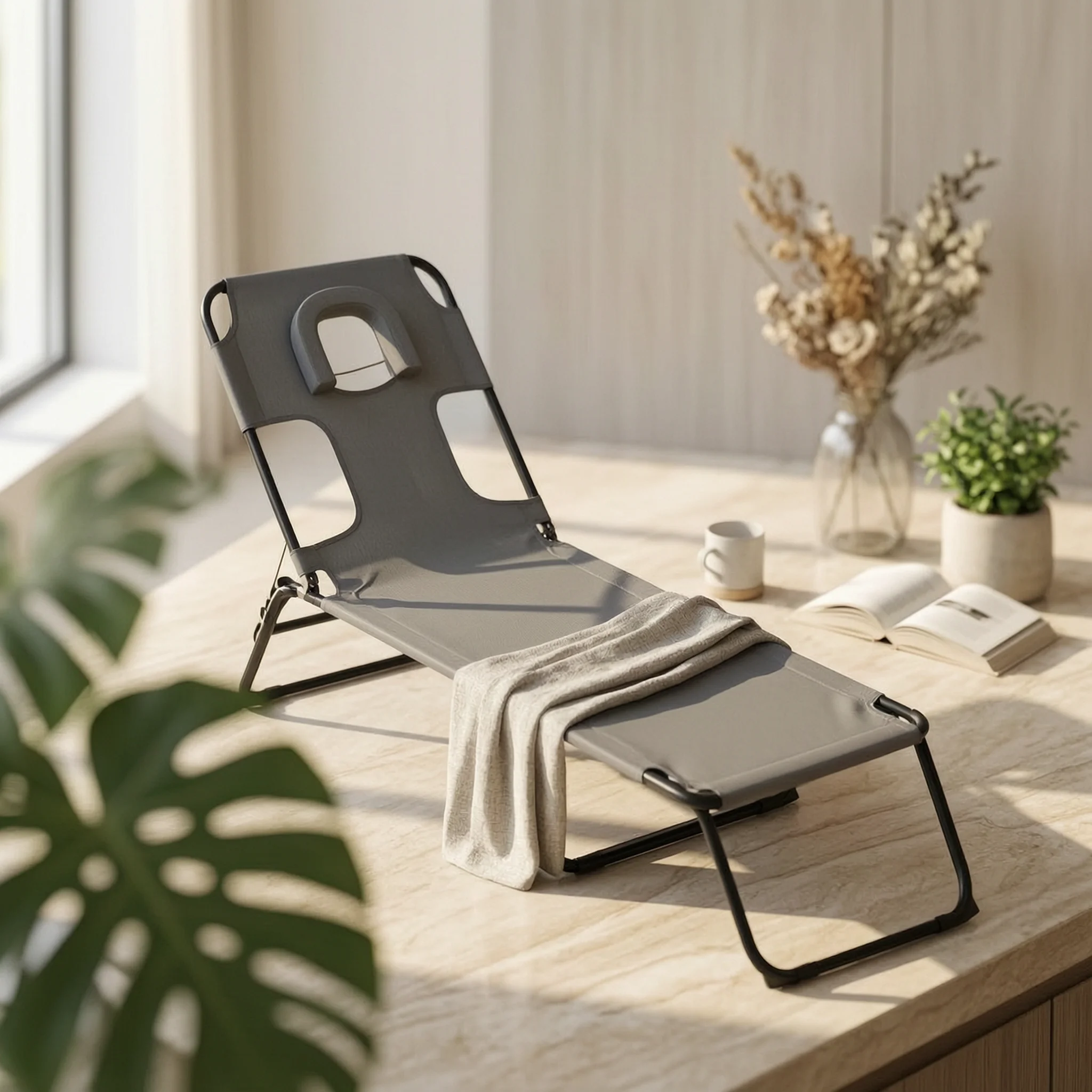 Folding Sunbed Foldable Reclining Chair with Face Hole Reclining Lounger Compact Recliner Heavy Duty for Sunbathers, Poolside